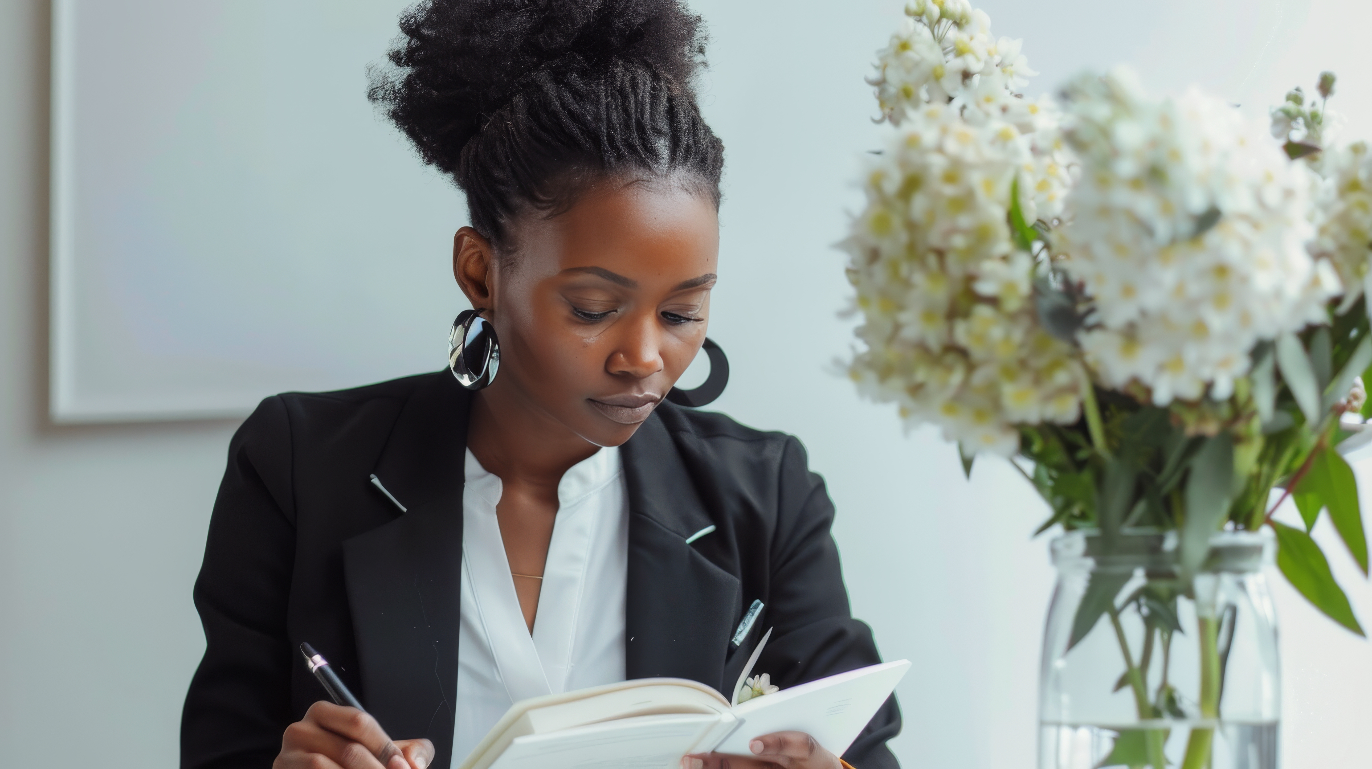 Woman Sitting at Table Writing in Notebook