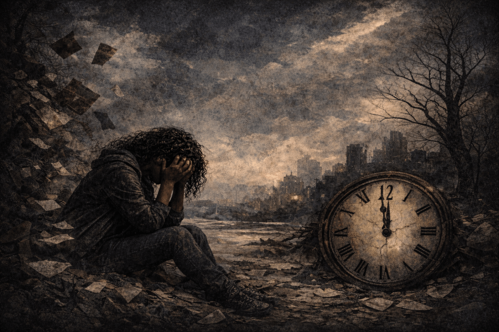 A women sitting on the ground her head in her hands. There are papers around her. A clock on the right side.