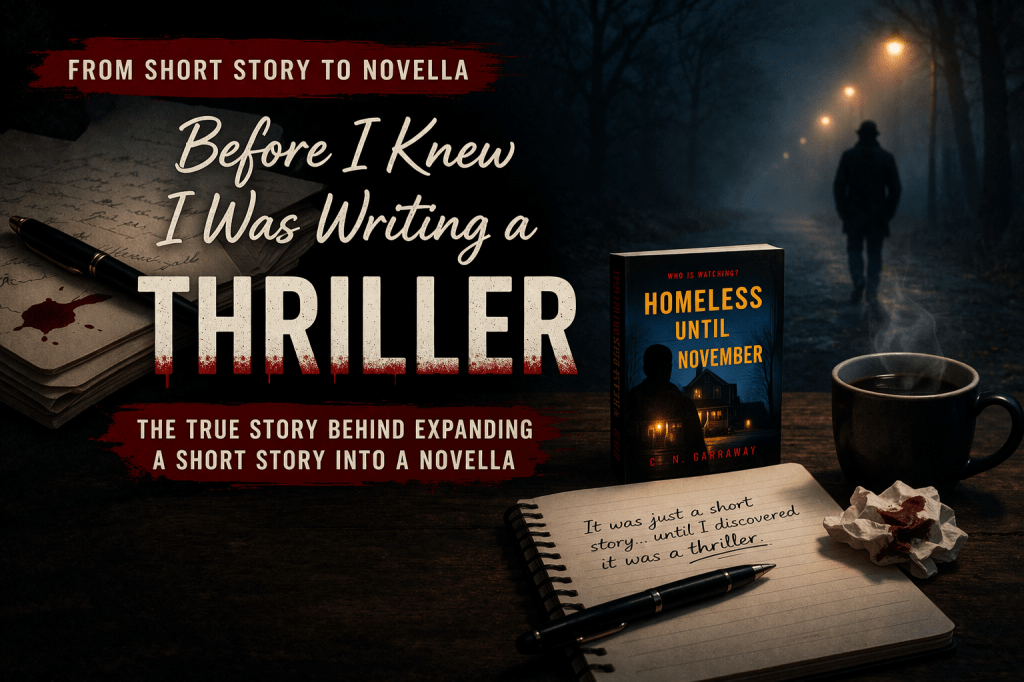 Dark thriller-themed blog image showing a writer’s desk with a book, scattered pages, and a foggy street scene in the background, representing writing a thriller and expanding a short story into a novella.