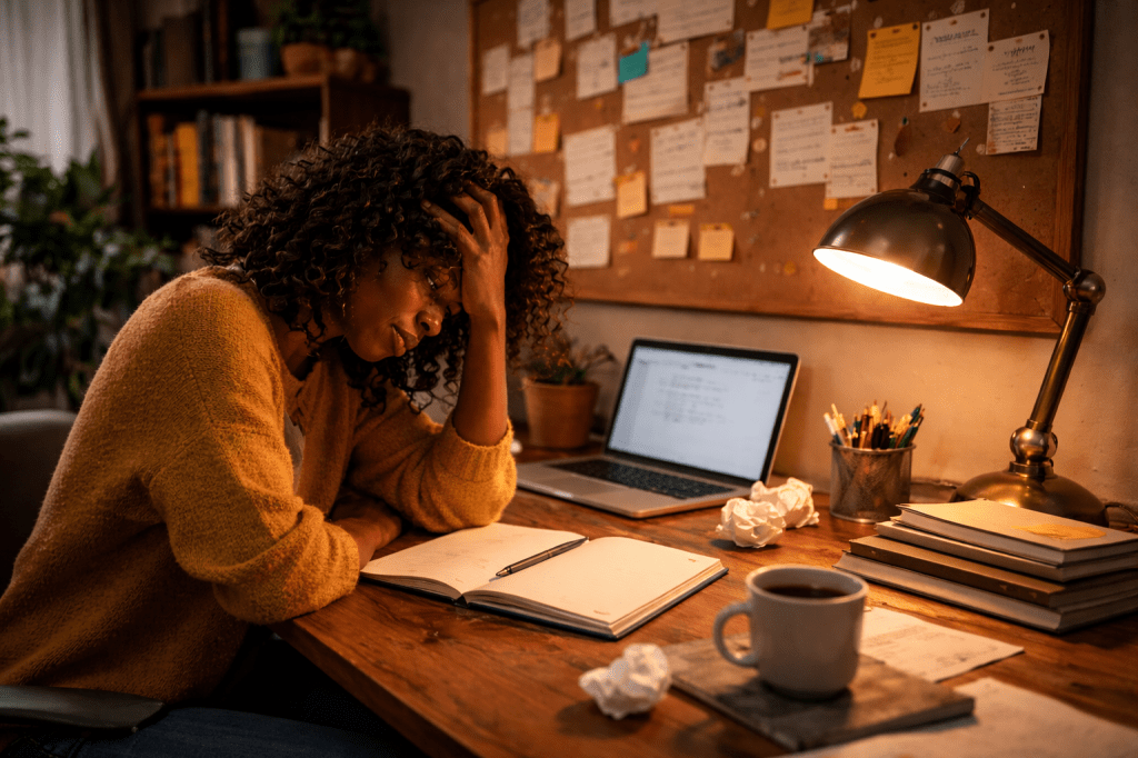Black woman at desk frustrated with writing.