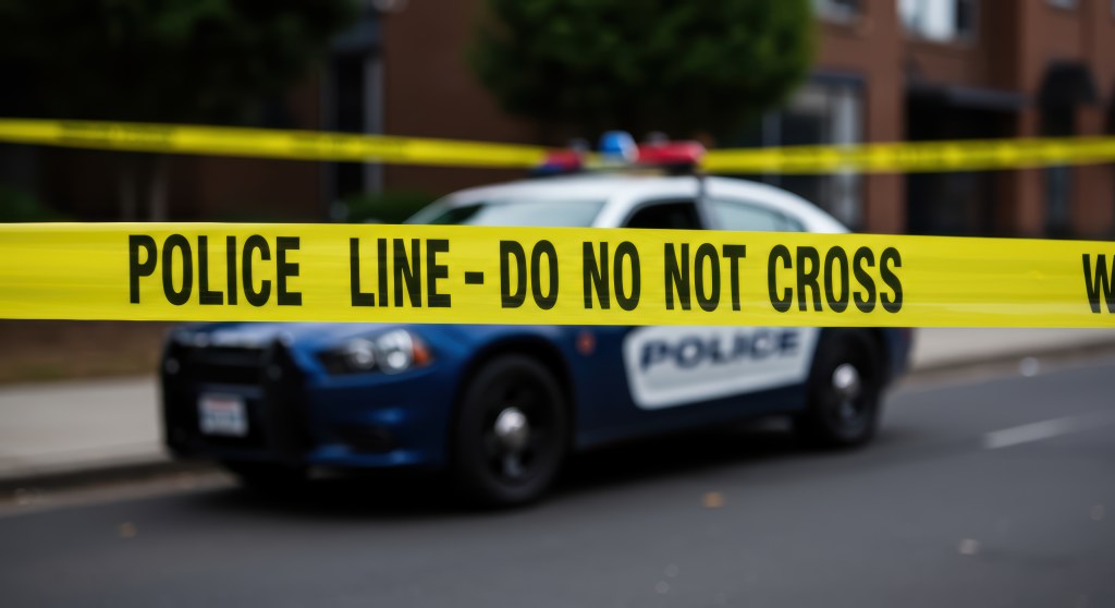 Police car behind yellow police line do not cross tape, suitable for crime scene investigation, law enforcement concept, or emergency response.