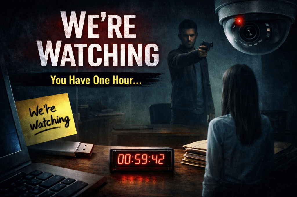Thriller scene with a man holding a gun on a woman in an office, a countdown timer, flash drive, and “We’re watching” note on a desk, with bold text reading “You Have One Hour.”