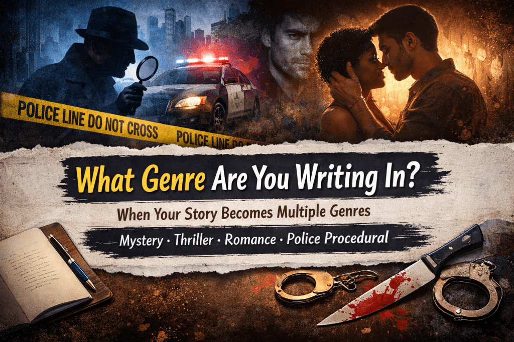 Blog graphic for “What Genre Are You Writing In?” showing crime scene tape, police lights, a detective silhouette, and an interracial couple representing mystery, thriller, romance, and police procedural genres.