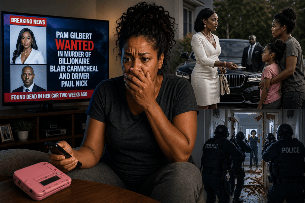A Black woman sits on a couch in shock, staring at a TV displaying a breaking news report that she is wanted for murder, while a pink handheld game console rests beside her and smaller scenes show a roadside encounter with a well-dressed woman and a tense police raid.