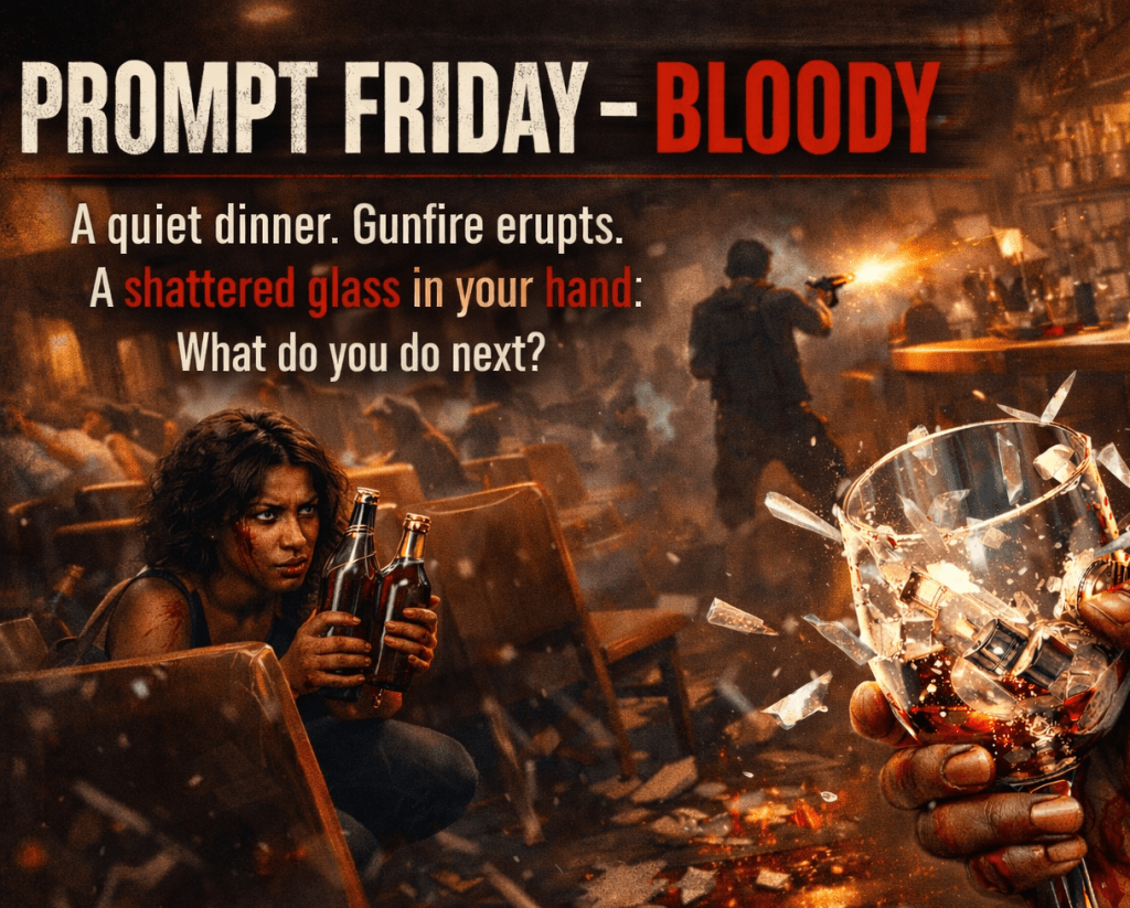 A chaotic restaurant shooting scene featuring a Black woman crouched behind a chair holding liquor bottles as weapons, a wounded bartender clutching his bleeding abdomen, and a gunman firing in the background, while a Black woman’s bloodied hand holds a shattered wine glass in the foreground beneath the title “Prompt Friday – Bloody.”