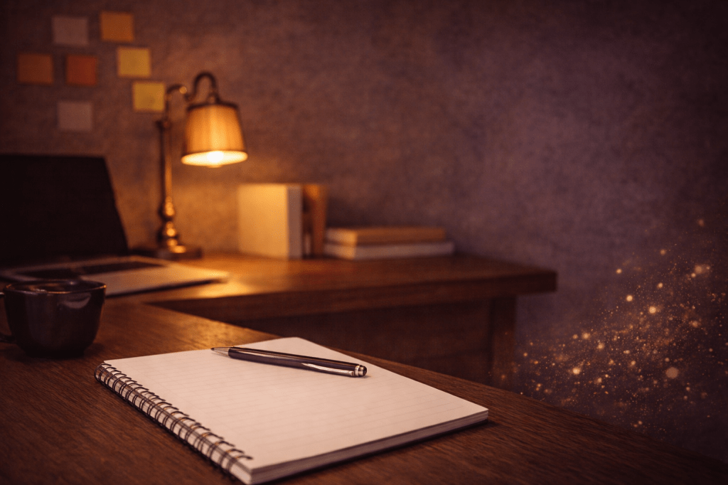Creative writing workspace with notebook and pen on a wooden desk, illuminated by a warm lamp with laptop and books nearby.