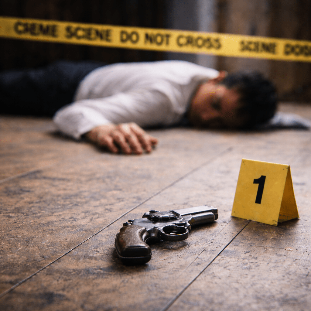 Dimly lit crime scene with a revolver and evidence marker on a wooden floor, with a blurred figure in the background behind police tape.