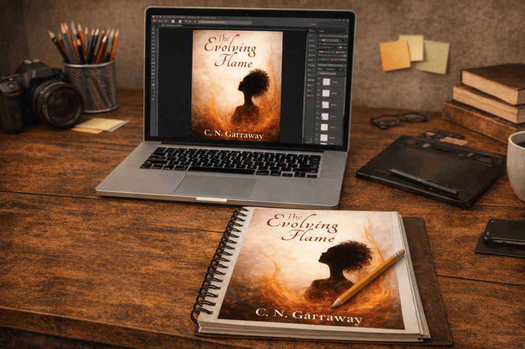 A warm, creative workspace shows a laptop displaying the book cover “The Evolving Flame” by C. N. Garraway. The same cover appears printed in a sketchbook beside a pencil on a wooden desk, surrounded by design tools like a camera, graphics tablet, and coffee mug.