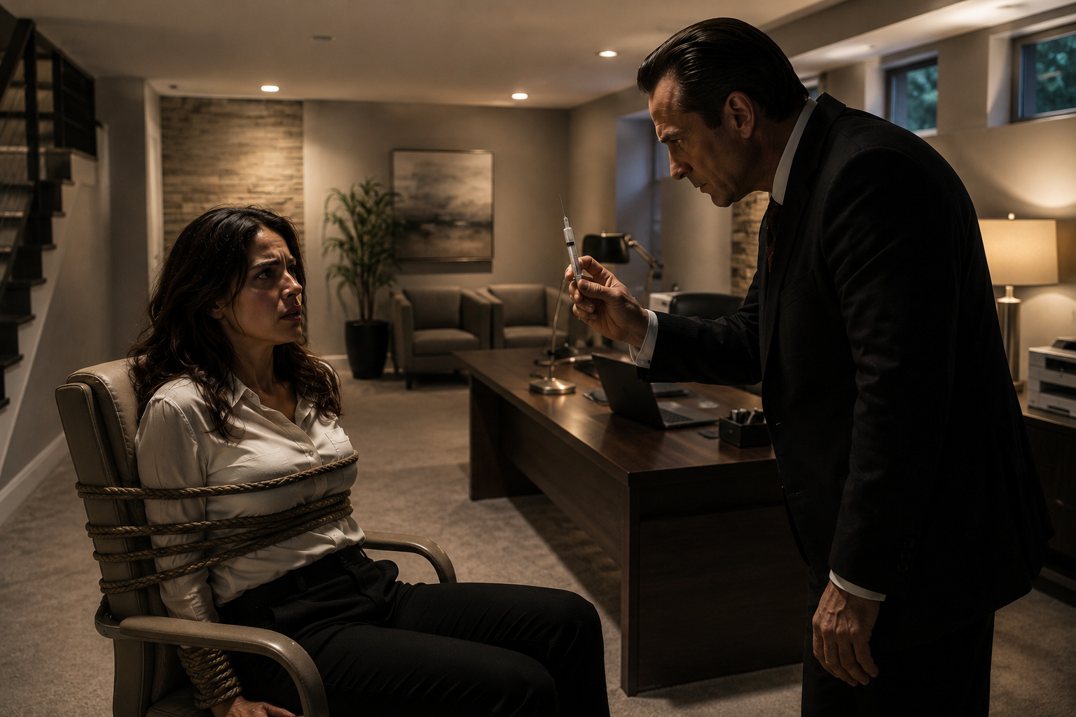 **Alt text:** *A frightened woman is tied to a chair in a modern basement office while a man in a business suit threatens her with a syringe, creating a tense psychological thriller scene.*