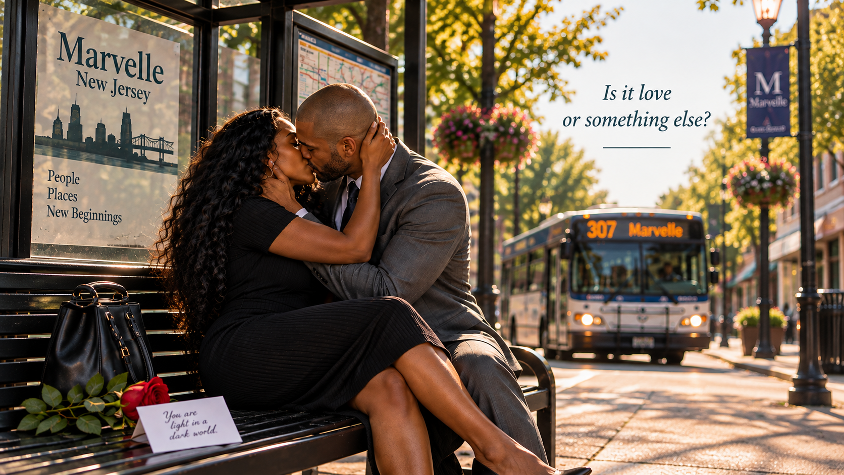 A Black woman and a man in a gray suit share a passionate kiss at a Marvelle, New Jersey bus stop while a 307 bus approaches in the background. A red rose and handwritten note sit beside them on the bench.