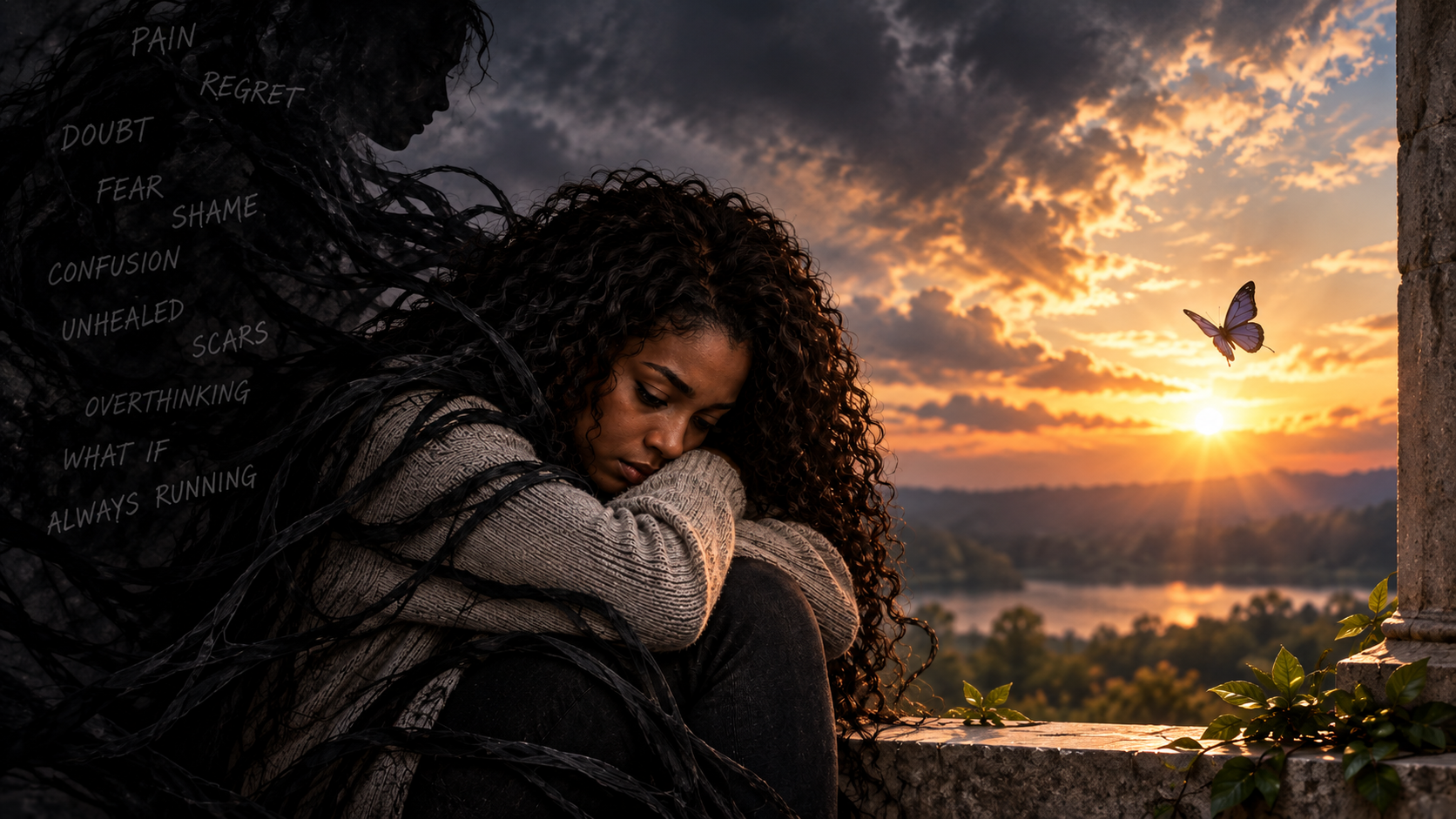 A Black woman sits curled up on a stone ledge, surrounded by dark tendrils symbolizing emotional pain, regret, doubt, fear, shame, and uncertainty. Behind her, a golden sunset breaks through dark clouds over a distant landscape, with a butterfly flying toward the light. Green vines grow along the ledge, symbolizing healing and hope.
