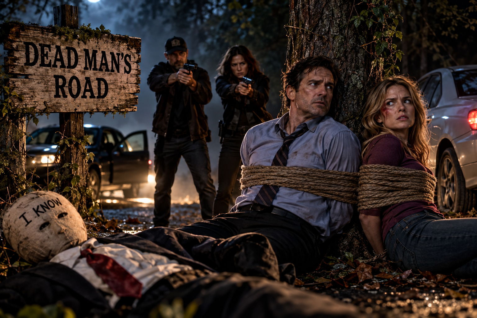A dark, suspenseful forest road at night with a “Dead Man’s Road” sign, a dummy marked “I Know,” two armed people standing behind two hostages tied to a tree, and cars with headlights illuminating the scene.